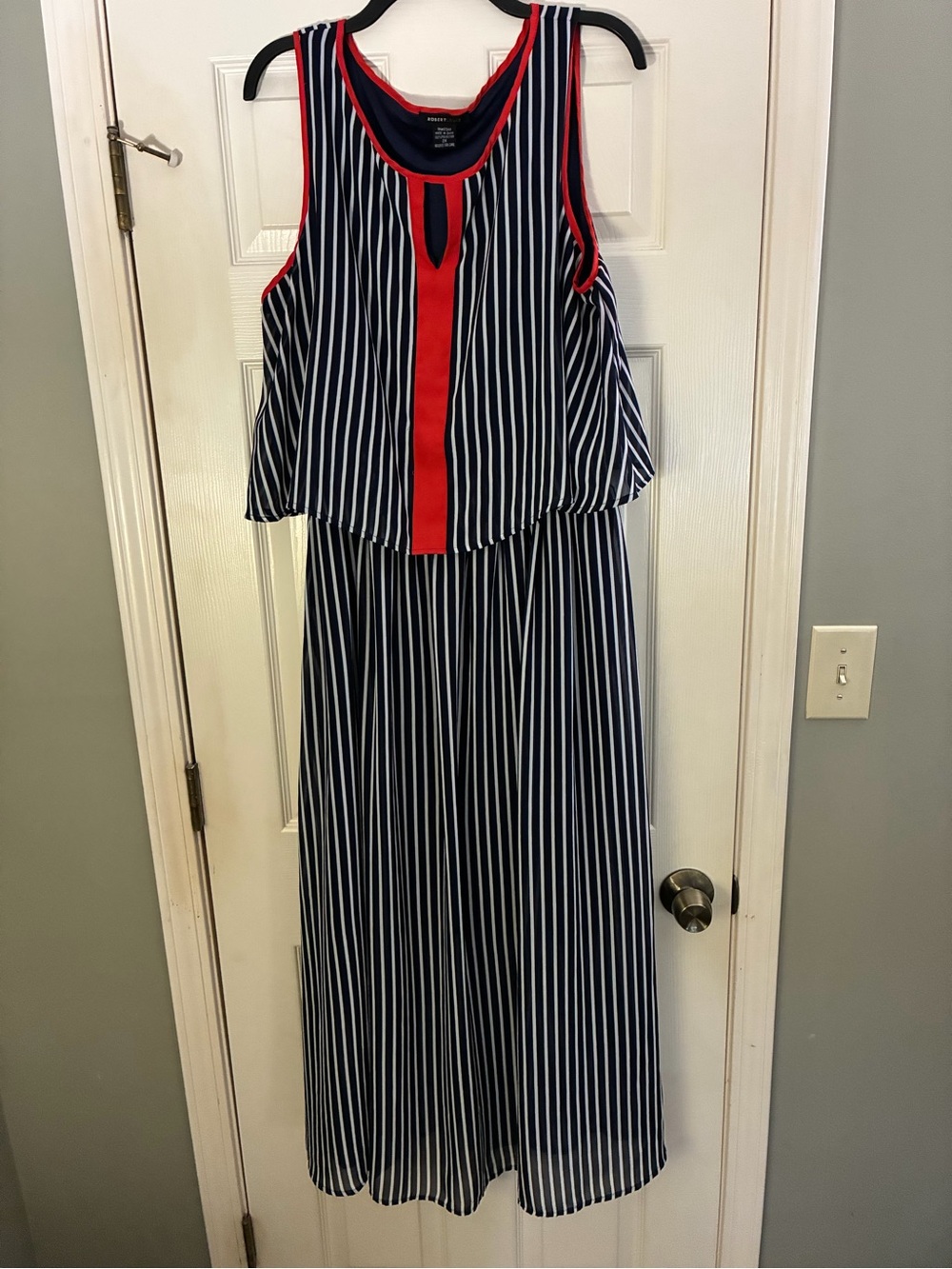 Robert Louis navy blue and white striped sleeveless maxi dress with red trim.